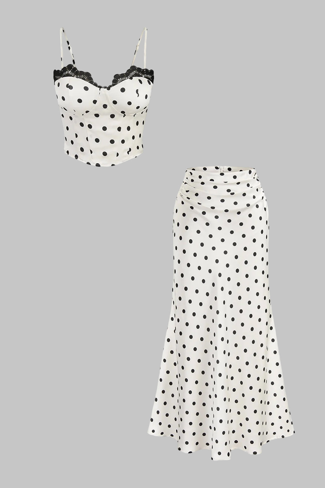 Polka Dots Print Satin Patchwork Lace Trim Cami Top And Ruched Skirt Set