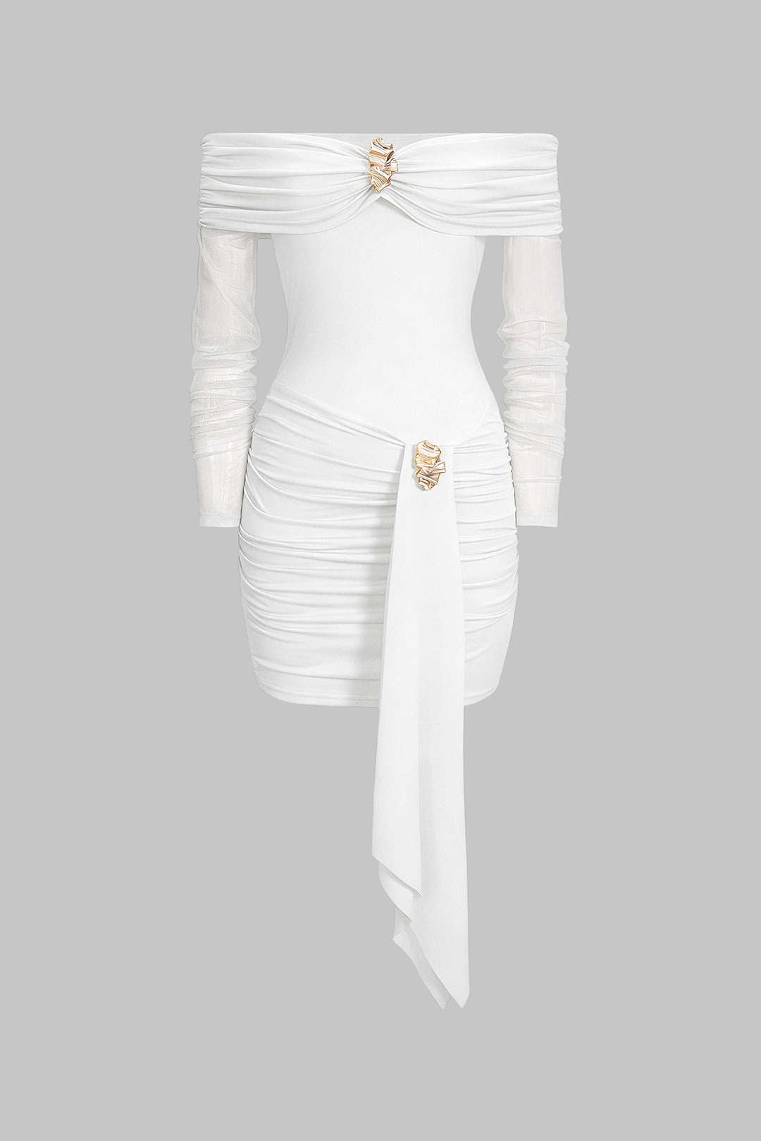 Carmen-Minikleid mit langen Ärmeln, gerafftem, transparentem Metallic-Dekor und Carmen-Ausschnitt