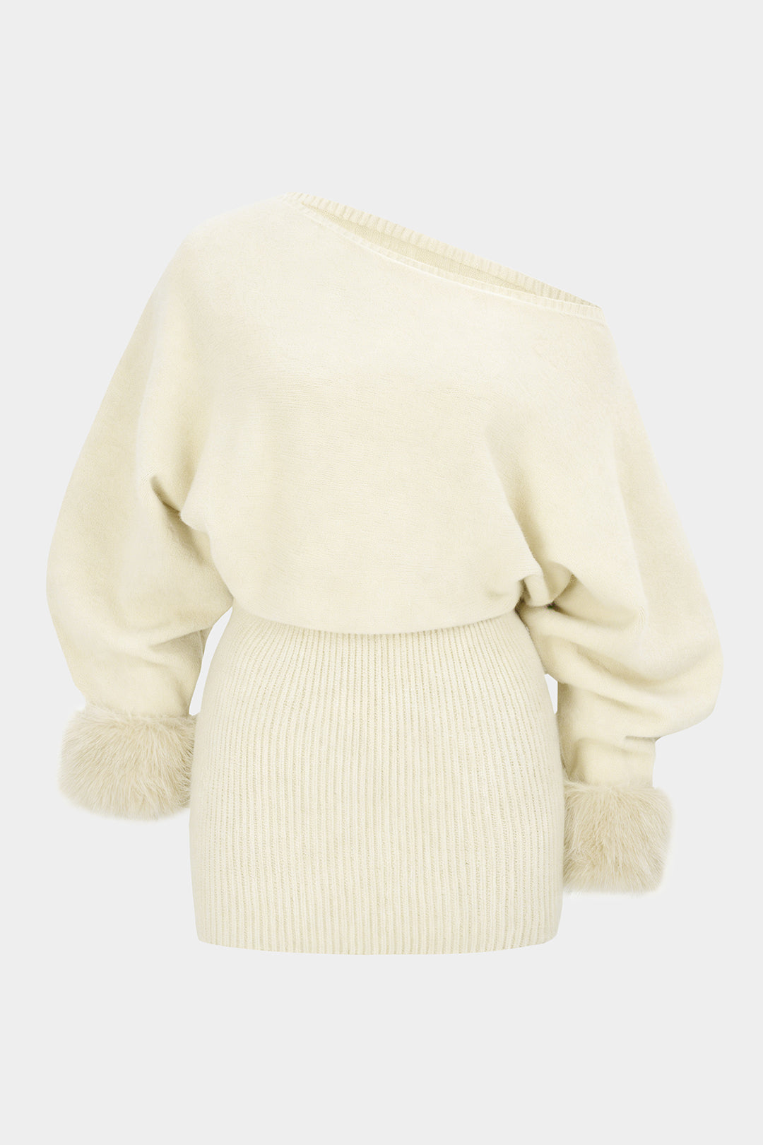 Gestricktes Patchwork-Faux-Fur One-Shoulder-Minikleid mit langen Ärmeln