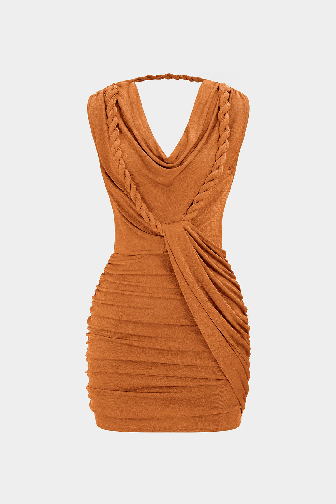 Draped Cowl Neck Twist Knot Asymmetrical Sleeveless Mini Dress
