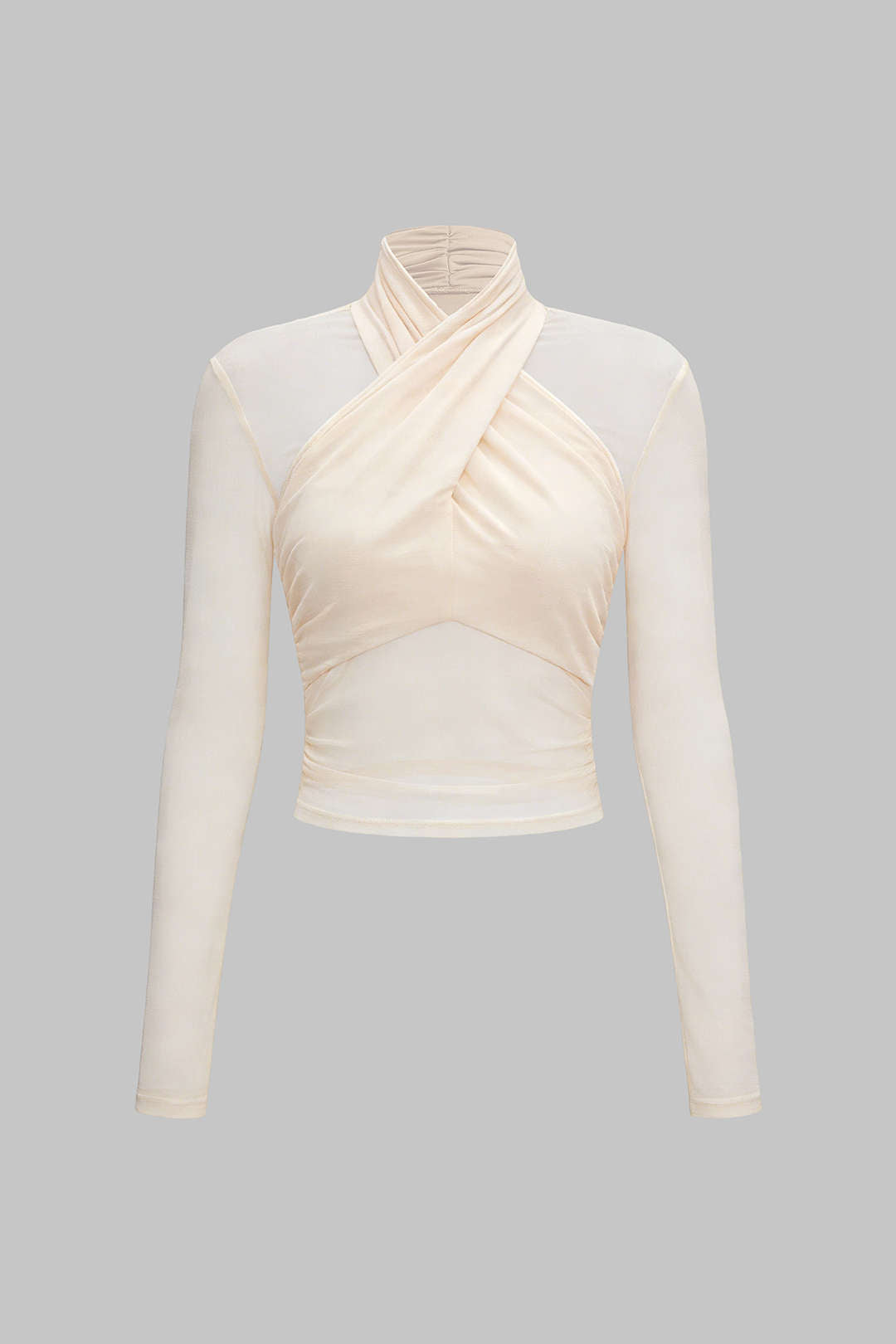 Mesh Sheer Ruched Long-Sleeve Top