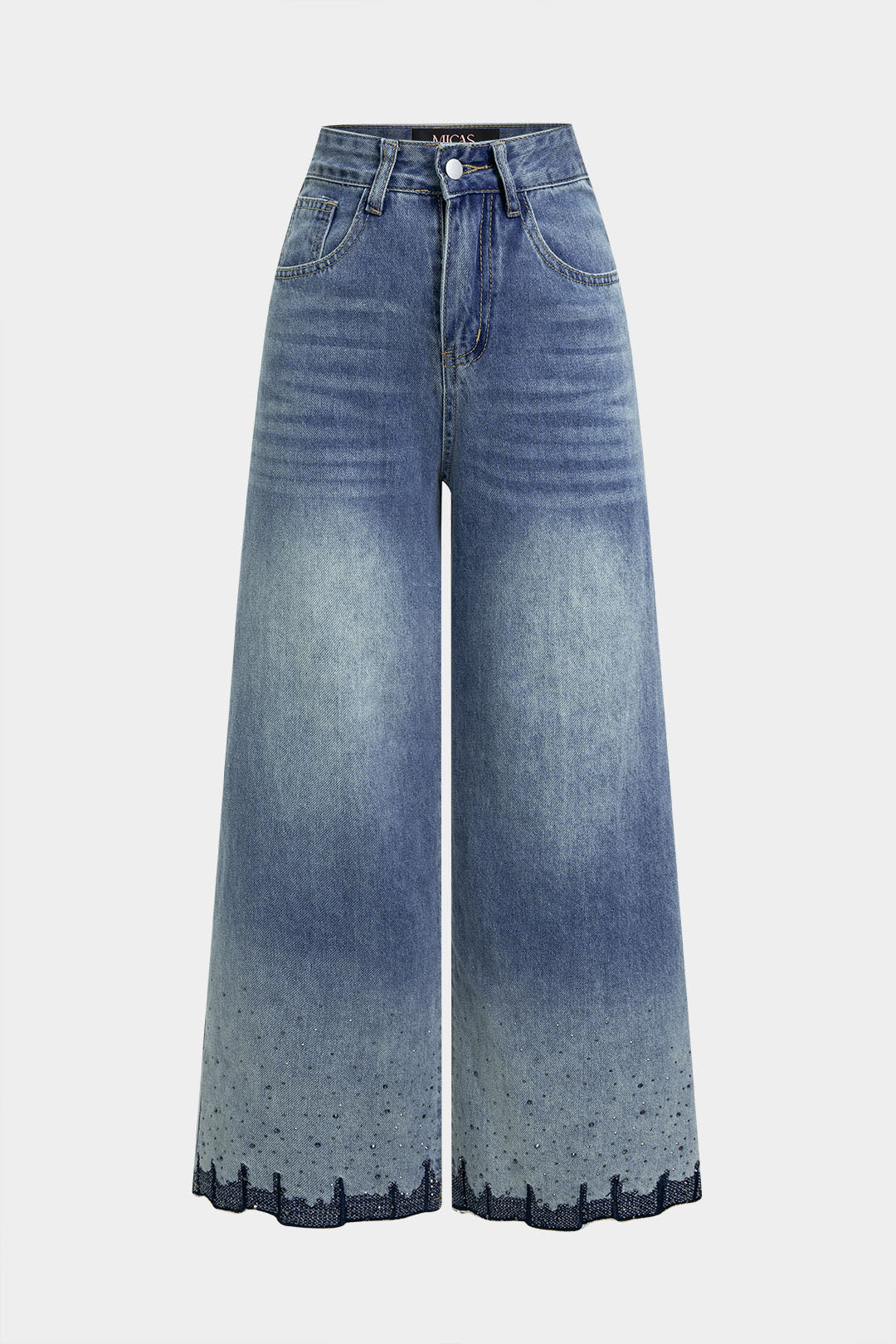 Denim Rhinestone Embroidery High Waist Straight Leg Jeans