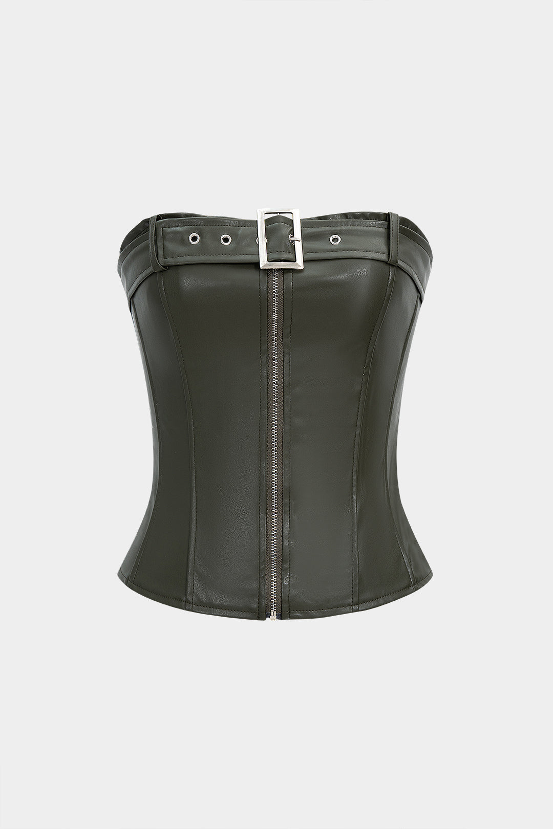 Faux Leather Smocked Strapless Belted Zipper Tube Top