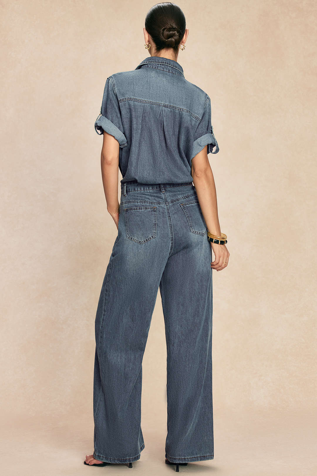 Denim-Overall mit Revers, kurzen Ärmeln und geradem Bein