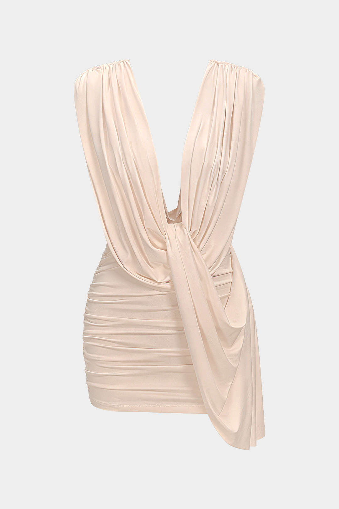 Minikleid mit Raffungen, Drapierungen, Wasserfallausschnitt und asymmetrischem Saum ohne Ärmel