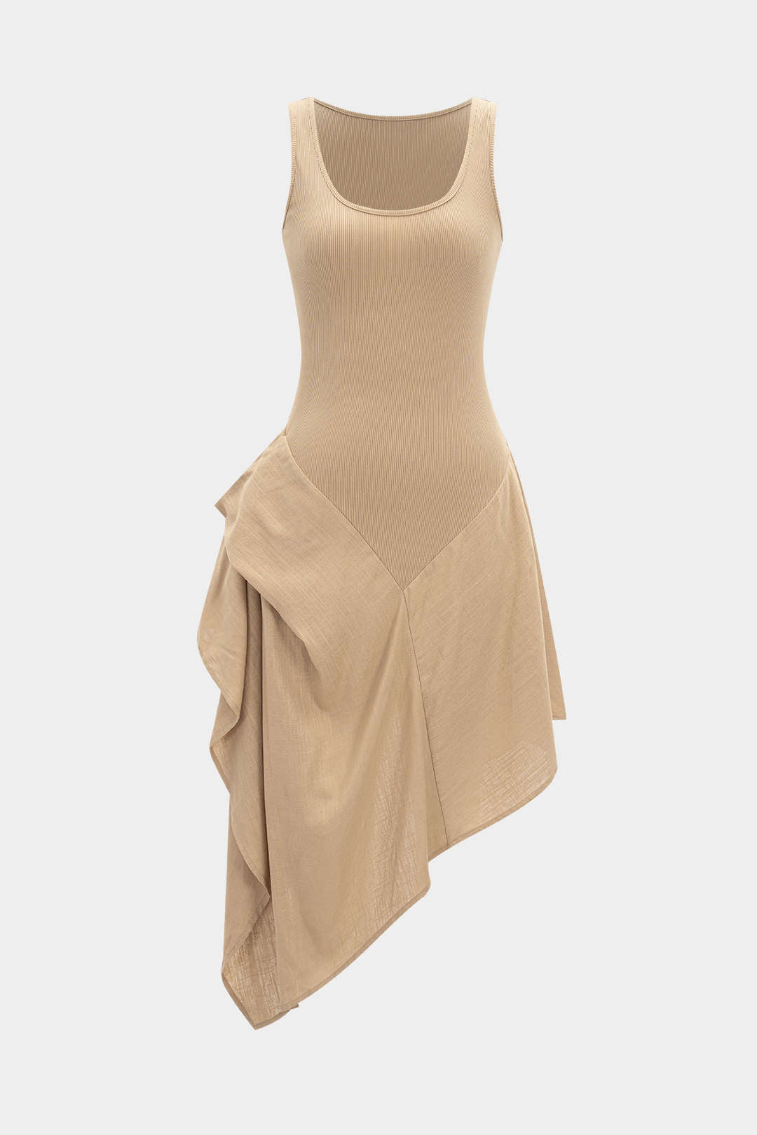 Robe longue sans manches asymétrique froncée en patchwork de lin