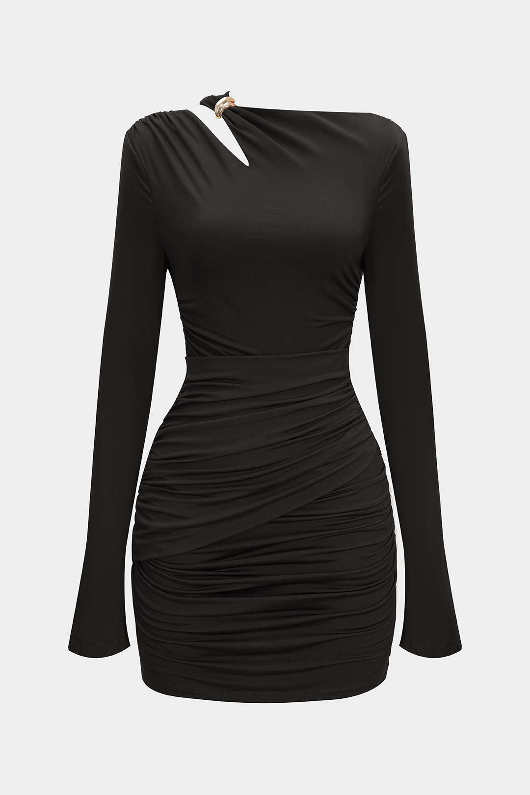 Robe courte drapée à manches longues et col asymétrique