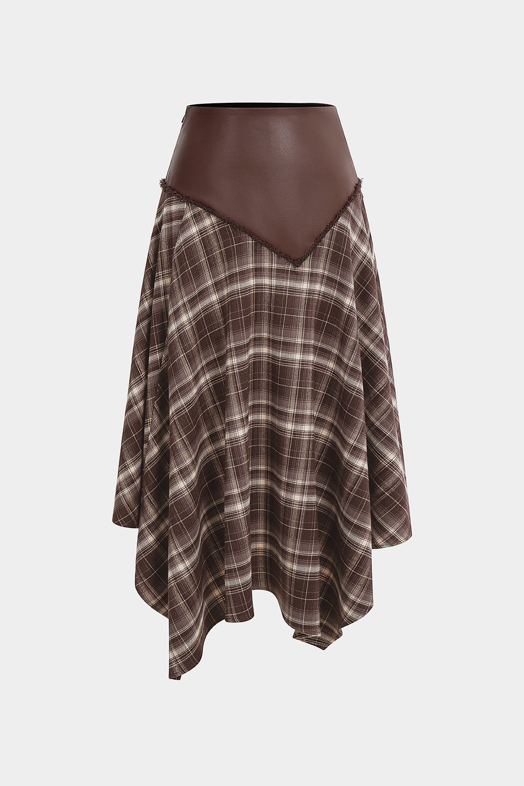 Plaid Print Faux Leather Patchwork Ruched Skirt