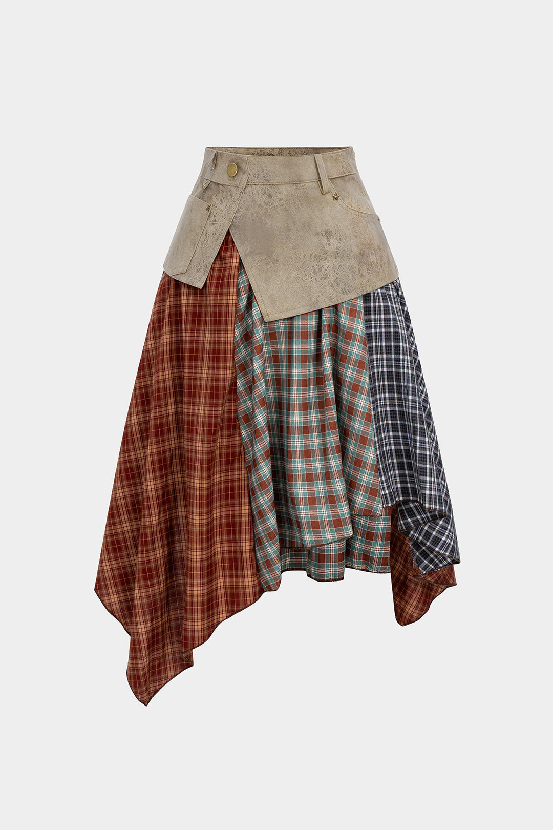 Plaid Contrast Print Faux Leather Patchwork Irregular Hem Skirt