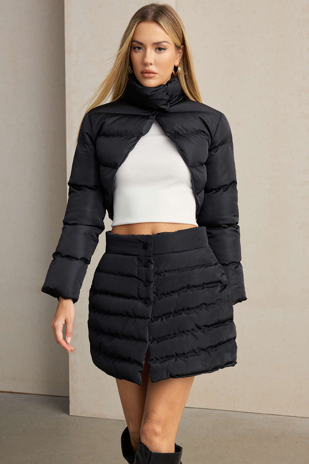 Solid Button Up Puffer Mini Skirt