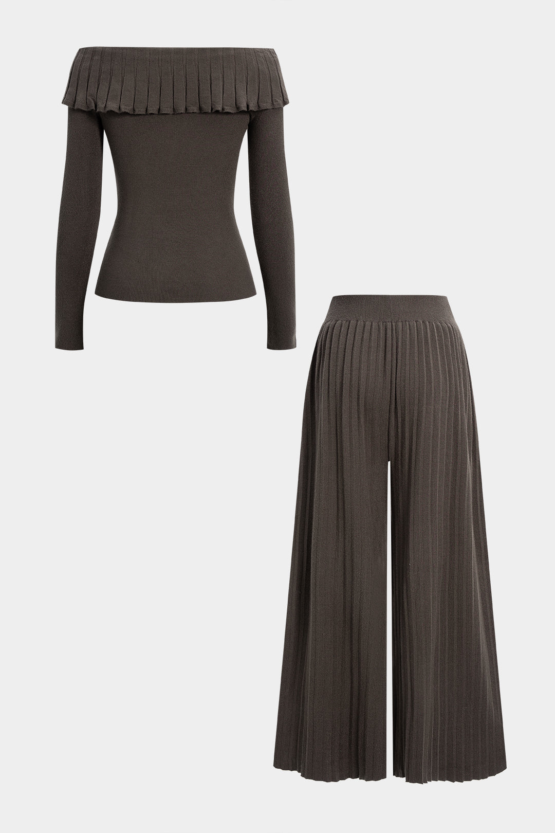 Knit Off Shoulder Ruffle Long-Sleeve Top And Wide Leg Pants Set
