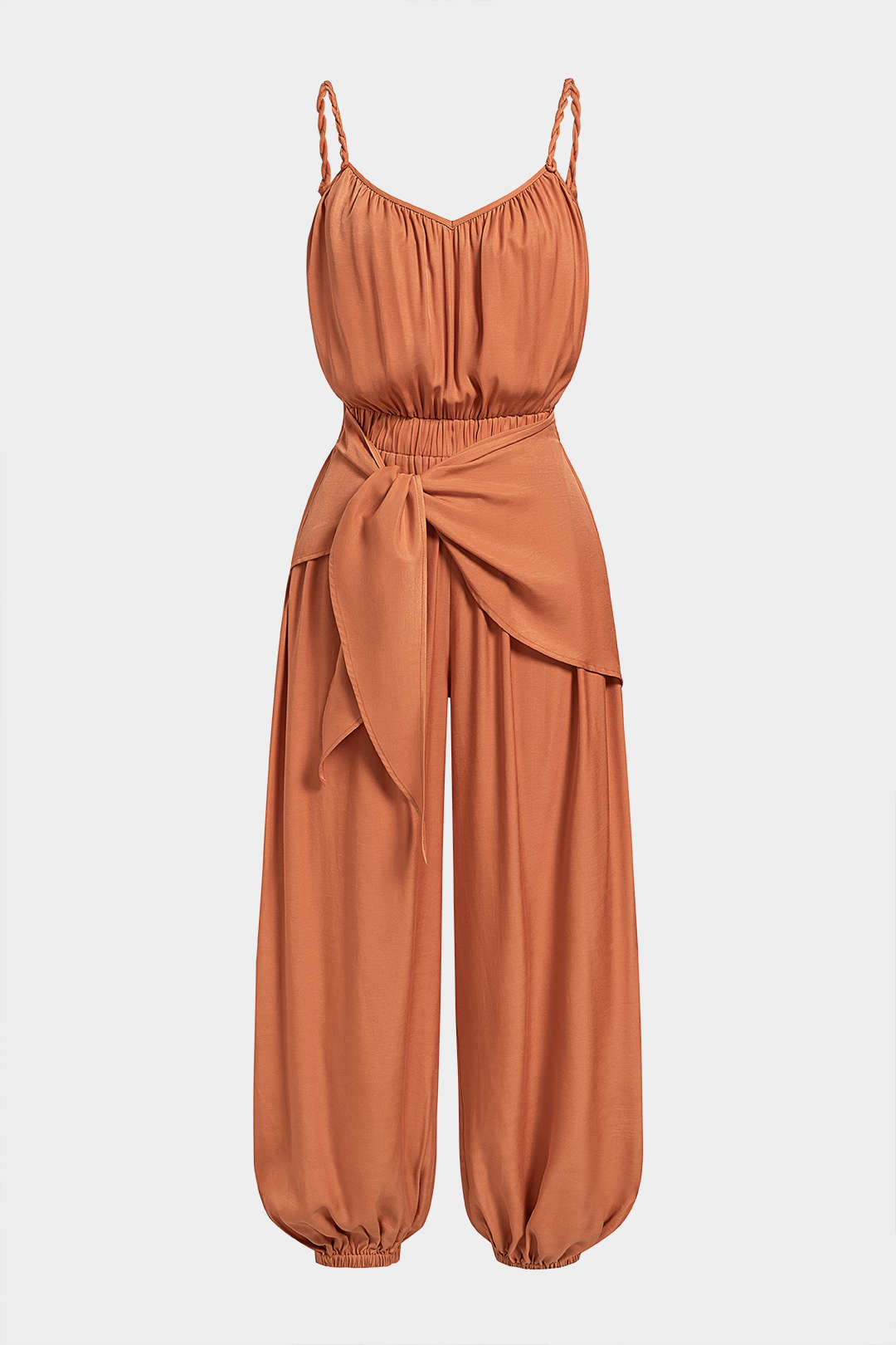 Ärmelloser Jumpsuit mit V-Ausschnitt, Knoten, Raffungen und Drehdetails