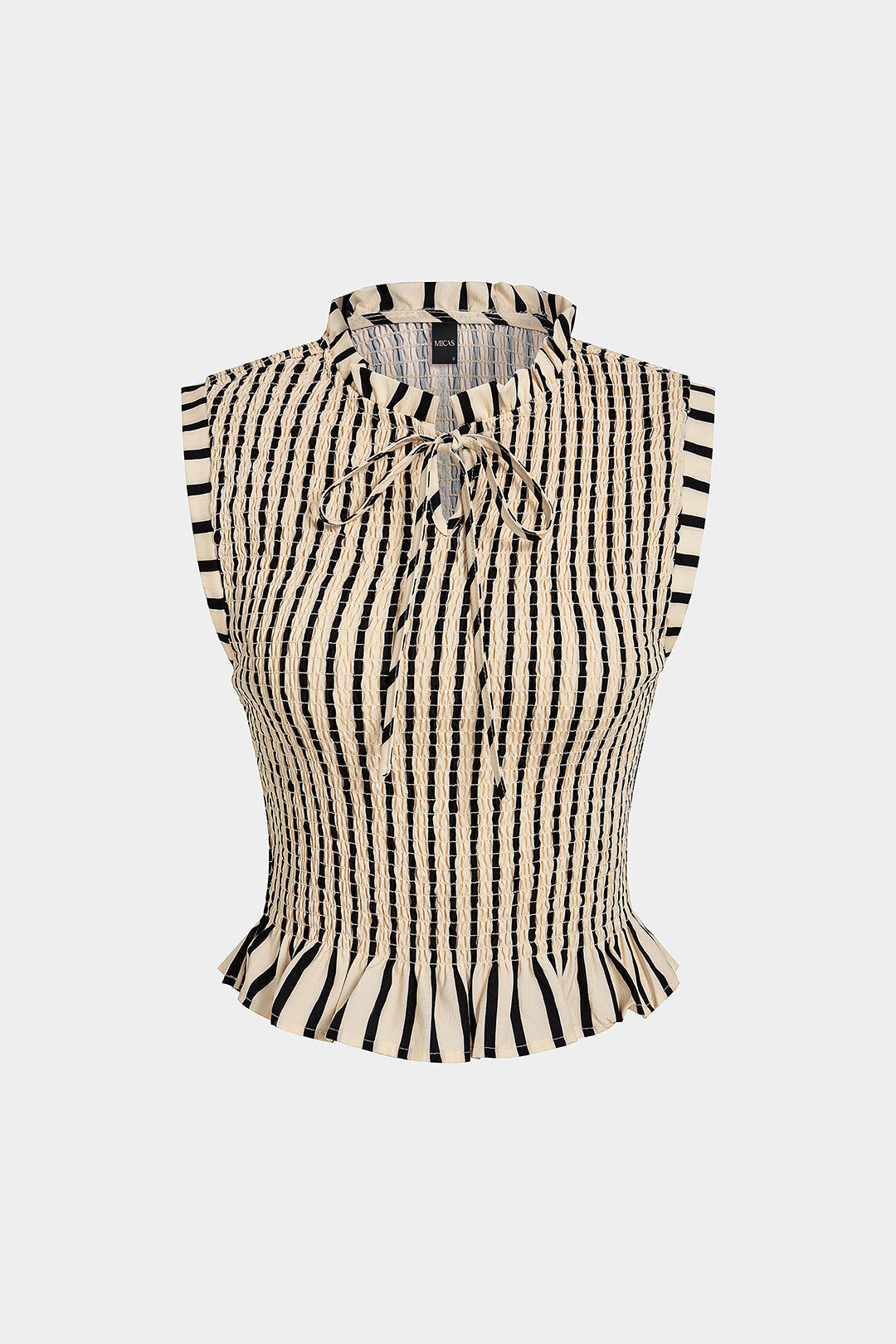 Stripes Print Shirred Round Neck Tie-Up Tank Top