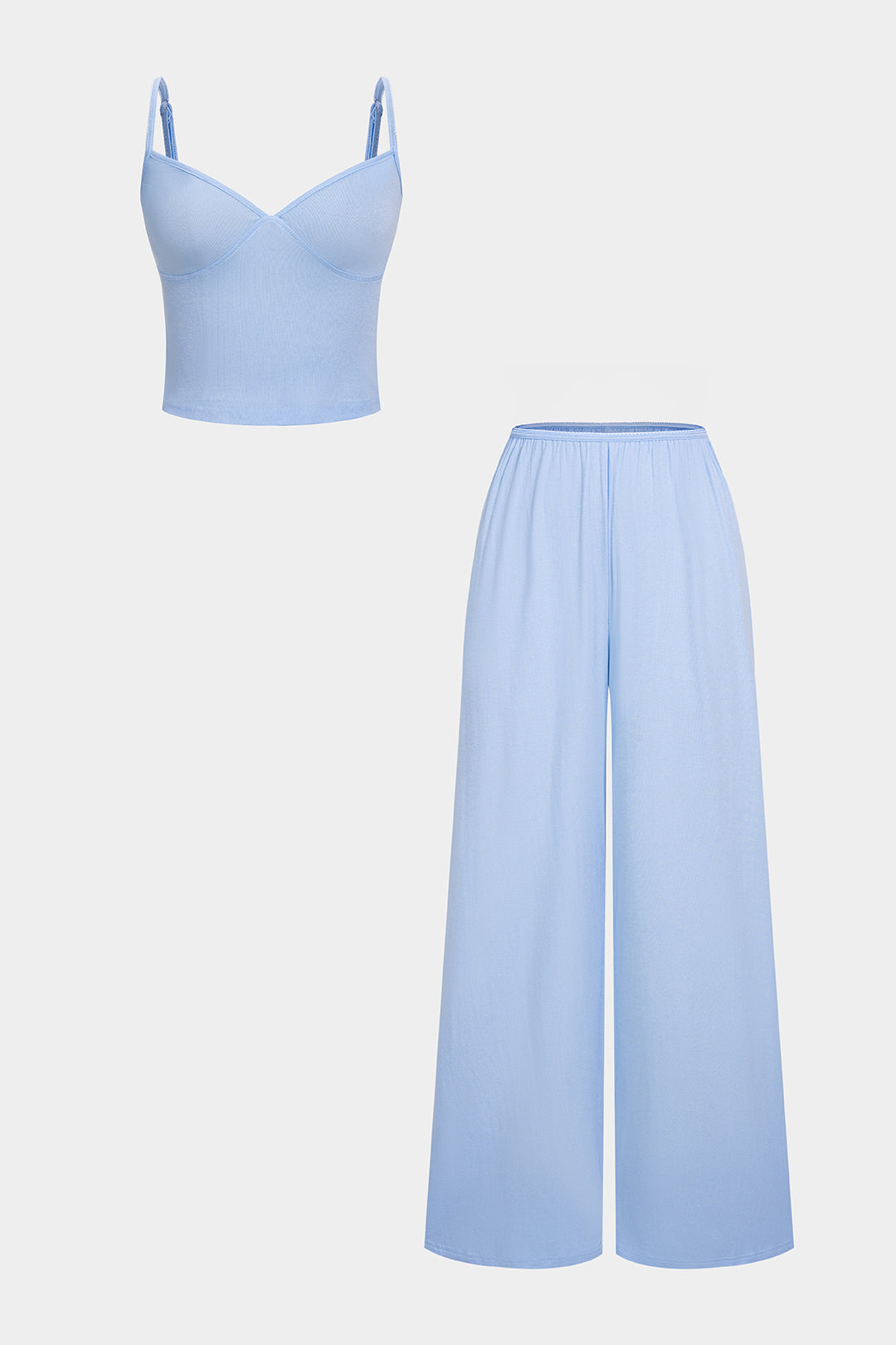 Einfarbiges V-Ausschnitt-Cami-Top und weite Hose Set