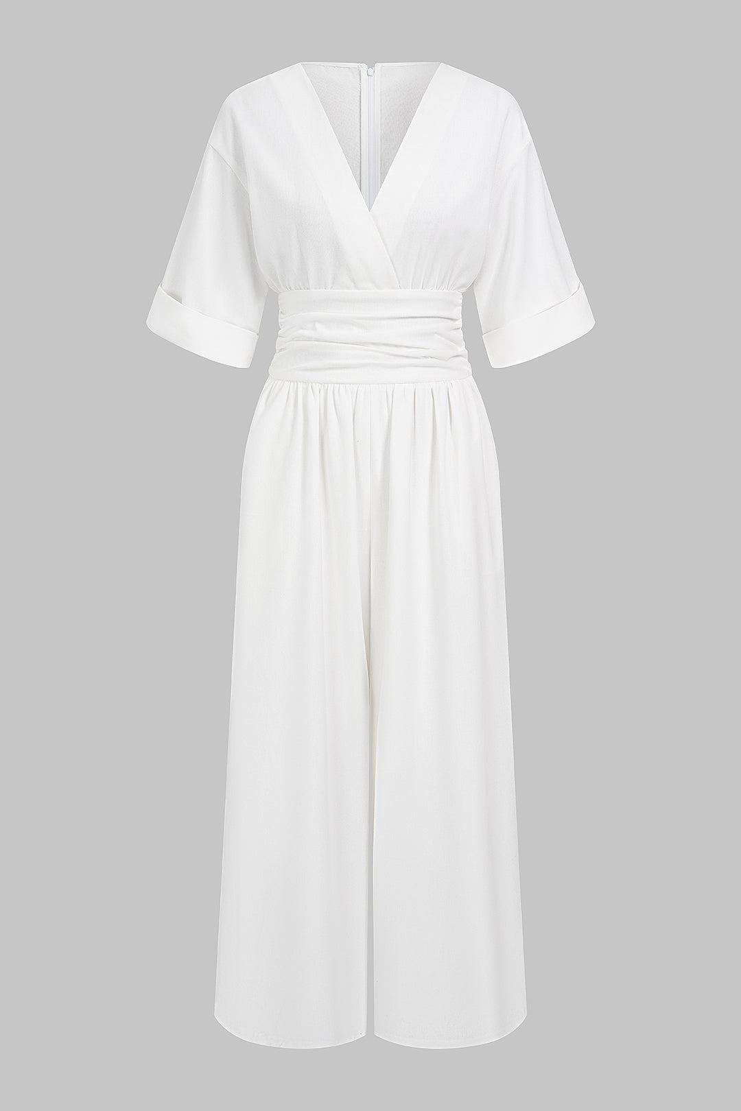 Leinen-Jumpsuit mit V-Ausschnitt, Raffungen und Reißverschluss, Kurzarm