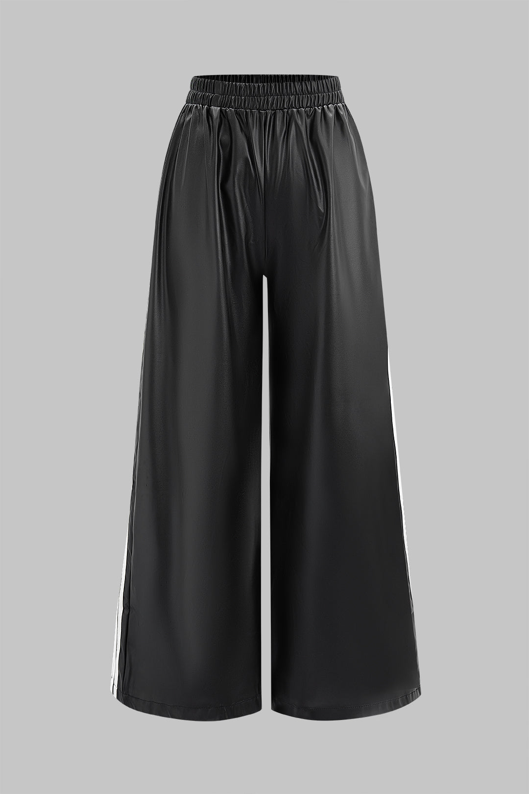 Faux Leather Contrast Shirred Waistband Wide Leg Pants