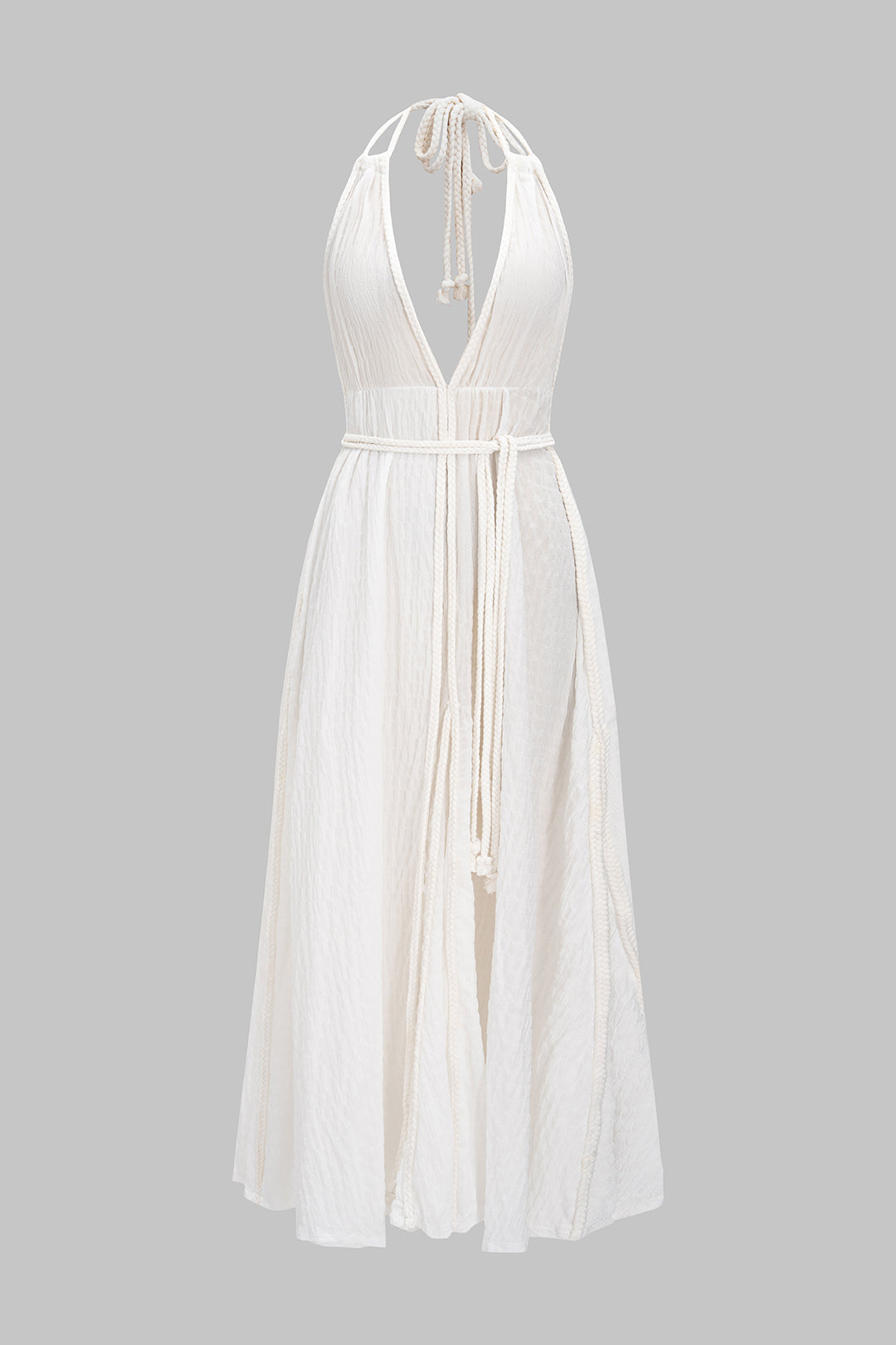 Robe longue sans manches dos nu ceinturée à encolure en V et licou