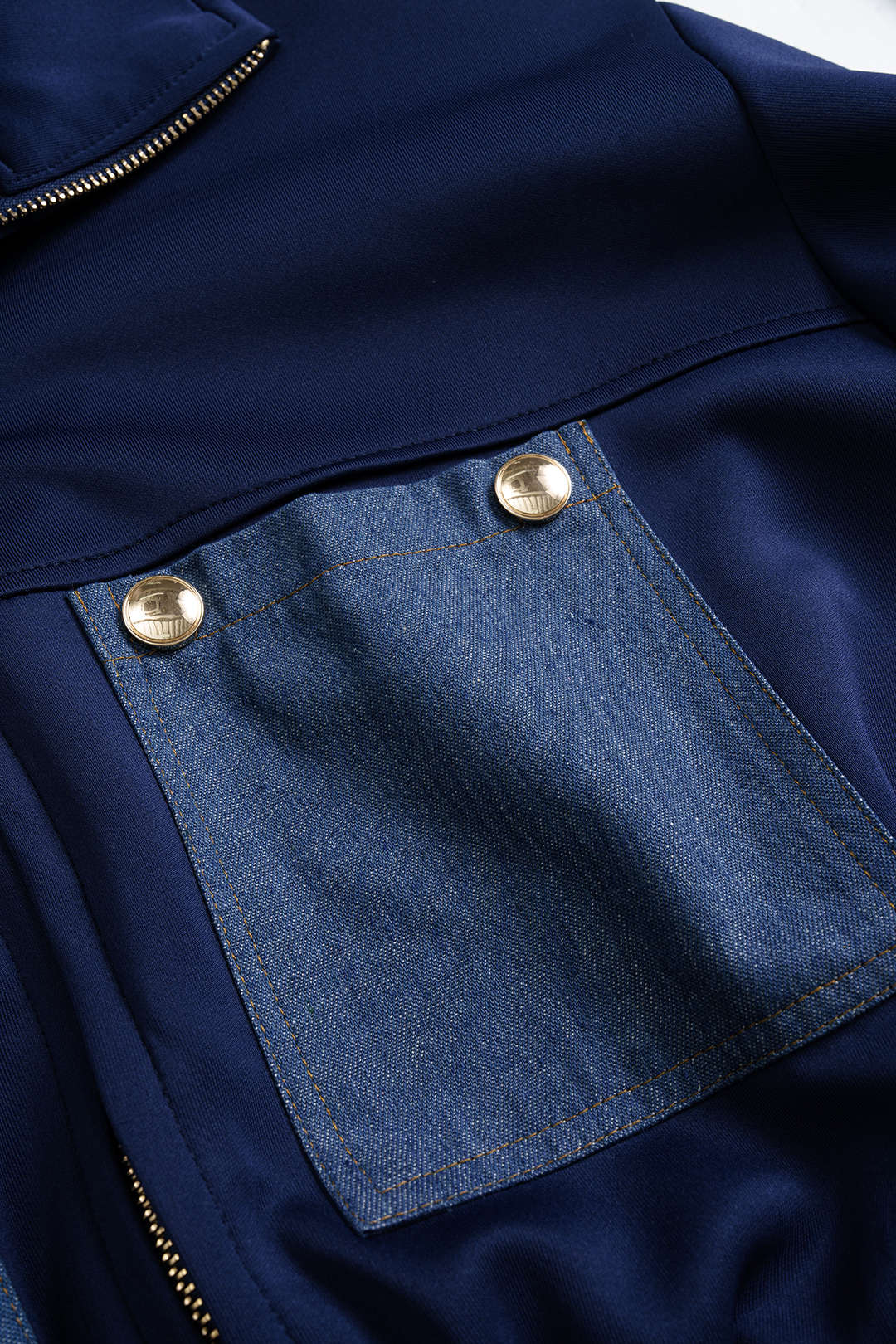 Veste zippée smockée en jean patchwork contrastant