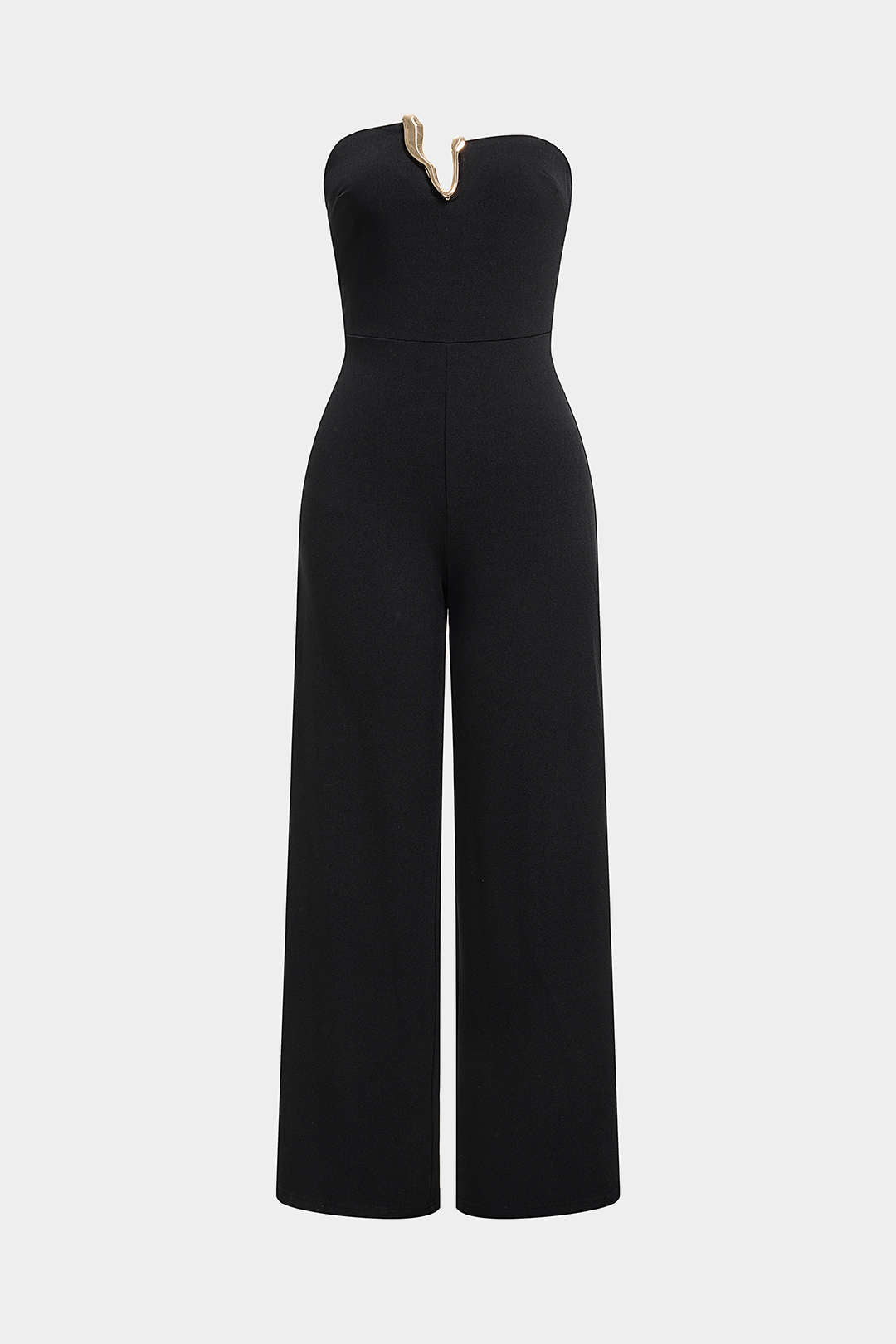 Unregelmäßiger trägerloser Metallic-Jumpsuit mit weitem Bein