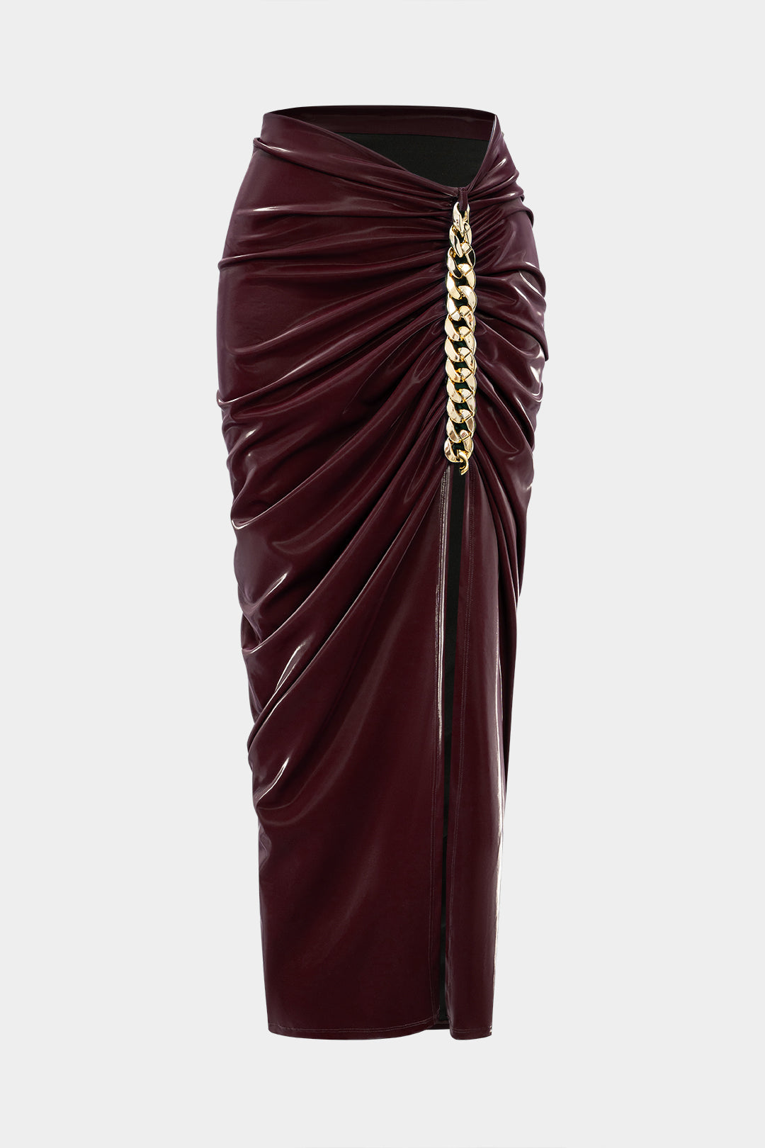 Faux Leather Metallic Chain Ruched Asymmetrical Skirt