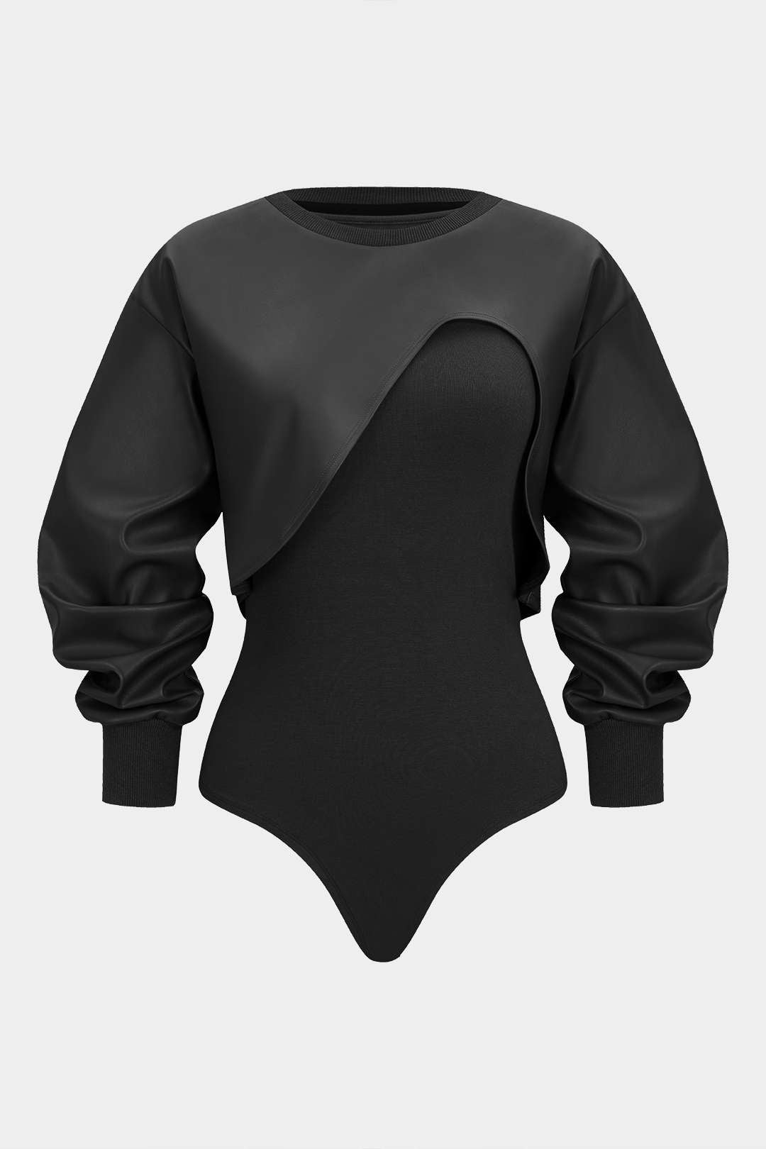 Kunstleder Patchwork Rundhals Asymmetrisch Langarm Bodysuit