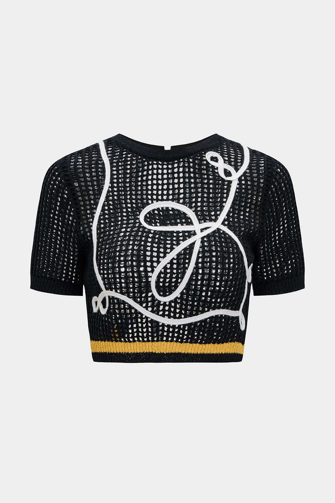 Open Knit 3D Embroidery Print Contrast Tie Back Short-Sleeve Top