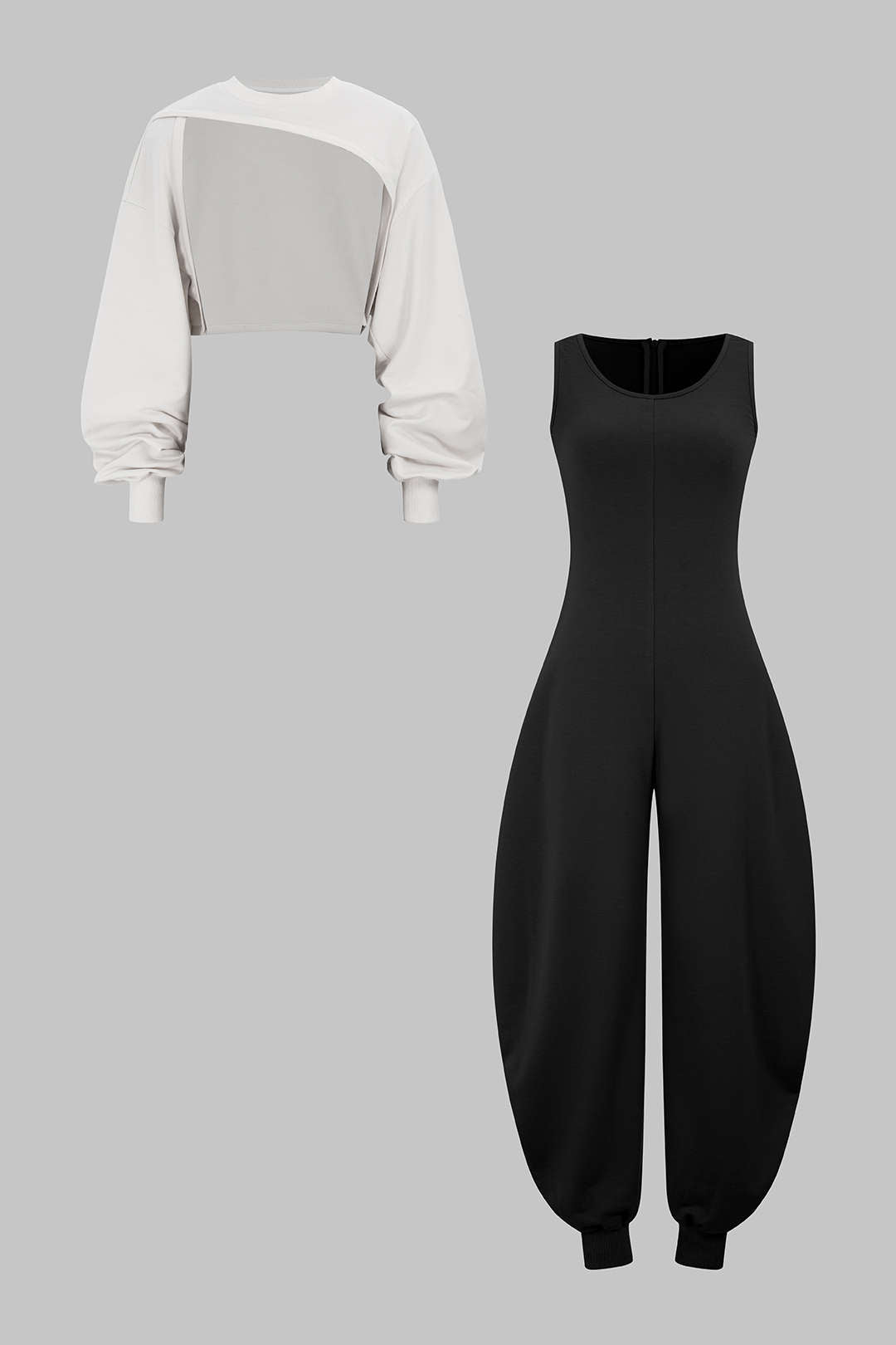 Solid Long-Sleeve Top And Sleeveless Jumpsuit Set
