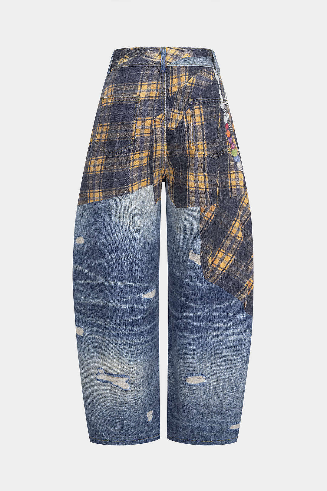 Plaid Denim Print High Waist Wide Leg Pants