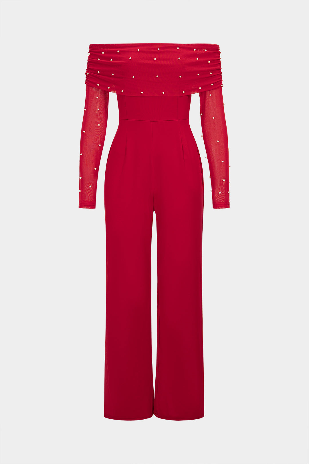 Pearl Decor Off-Shoulder Wide Leg Long Sleeve Jumpsuit