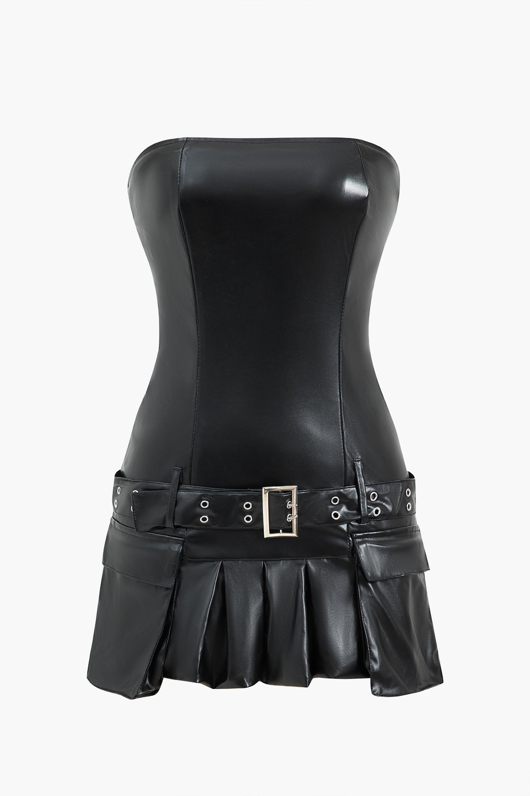 Faux Leather Strapless Pleated Belted Sleeveless Mini Dress