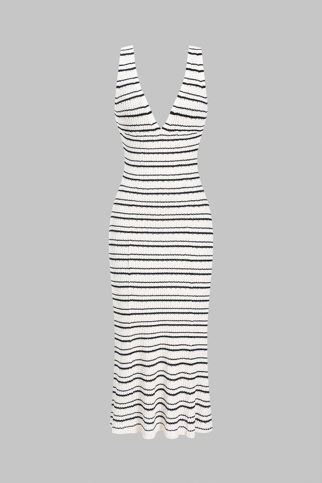 Gestricktes ärmelloses Midi-Kleid mit V-Ausschnitt, Streifenmuster und Kontrastdetails