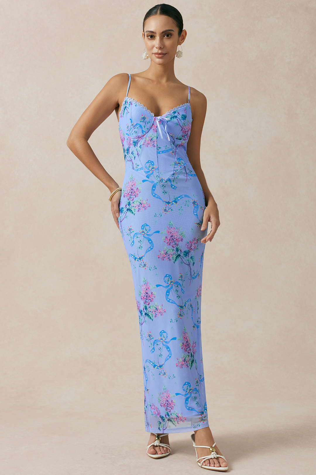 Blumenmuster Mesh Rückenfreies ärmelloses Maxikleid