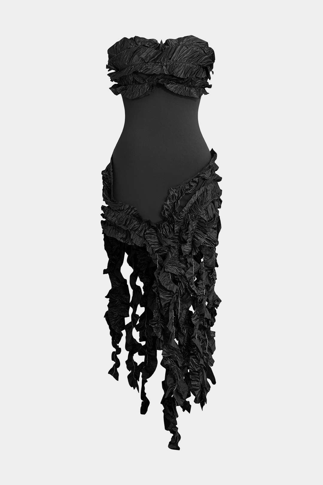 Robe midi bustier à volants et franges