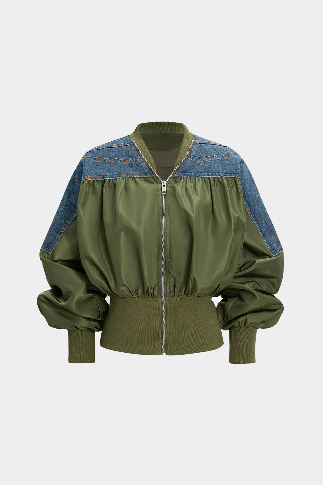 Denim-Patchwork-Reißverschlussjacke