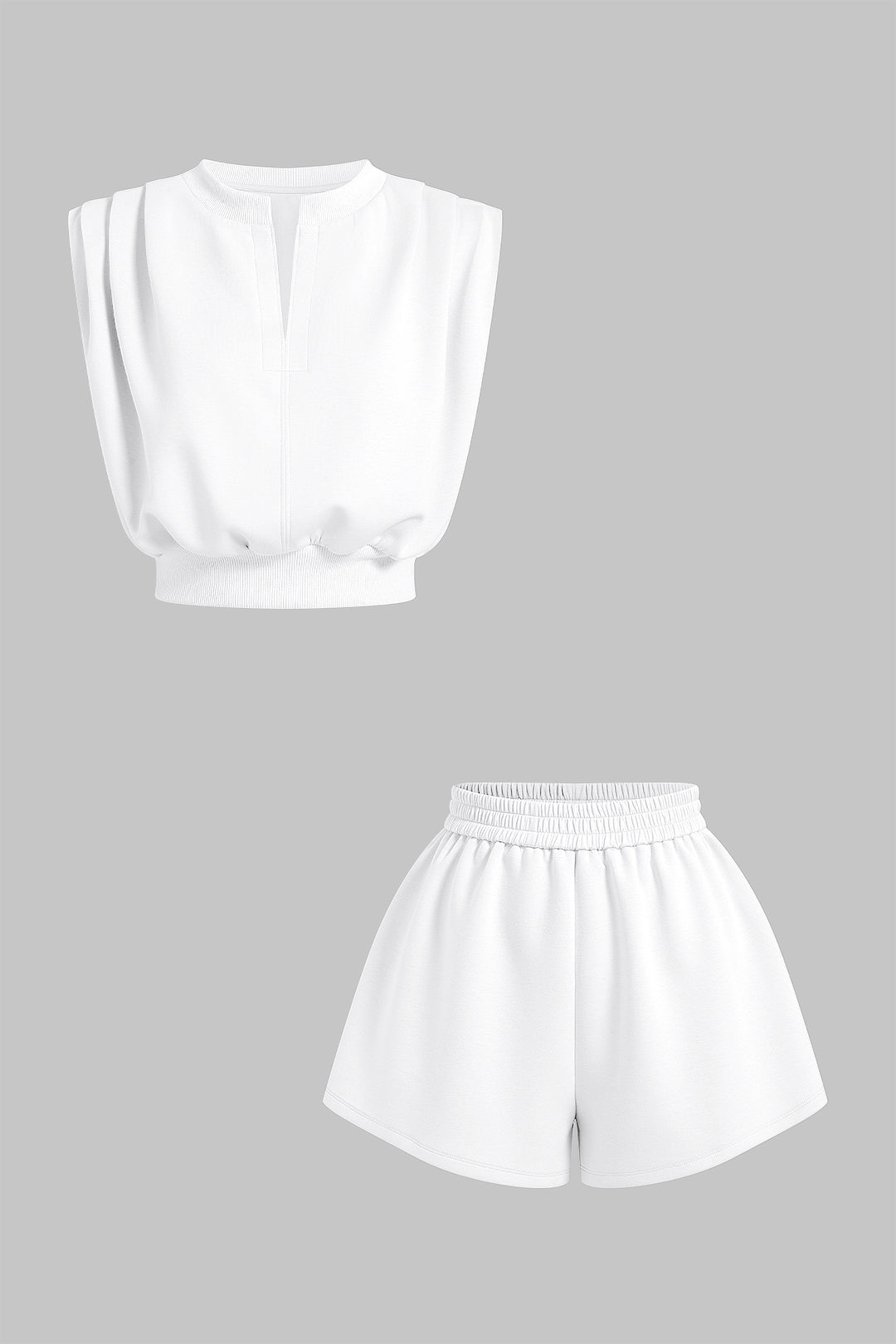 Einfarbiges V-Ausschnitt Tanktop mit Raffungen und Shorts mit gerüschtem Bund und weitem Bein