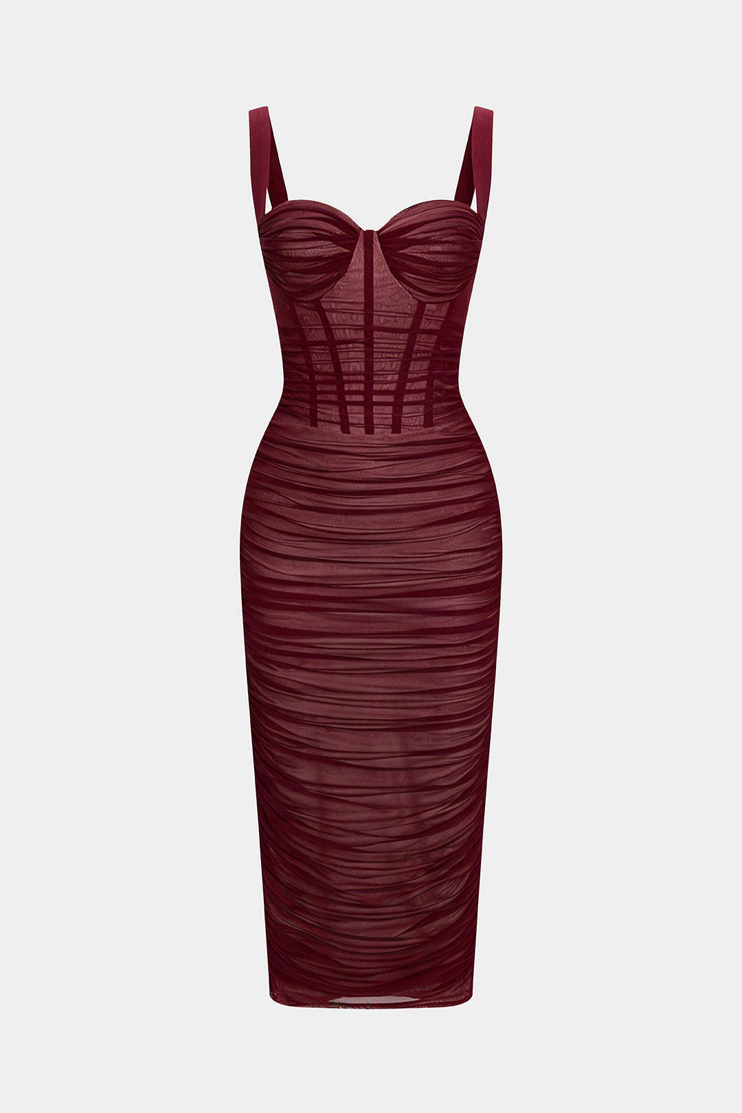 Ärmelloses Midikleid aus transparentem Netzstoff mit gerafftem Bustier