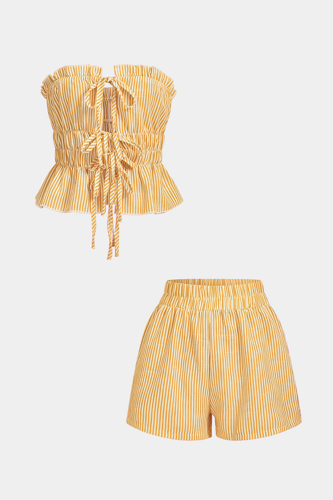 Stripes Print Ruffle Tie-Up Tube Top And Shirred Waistband Shorts Set