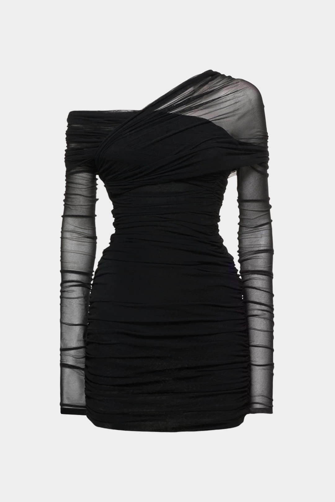 Transparenter Mesh-Minikleid mit One-Shoulder-Träger, langen Ärmeln und Raffung