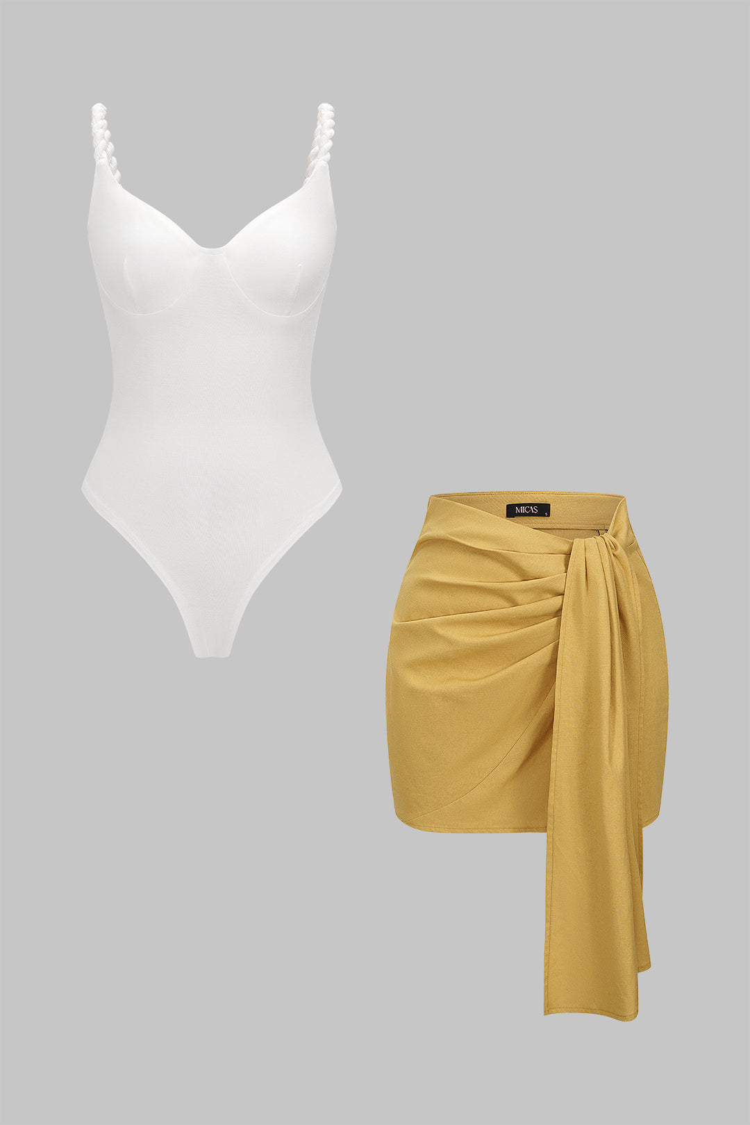 Leinen-Patchwork Twist-Knoten Geraffter Ärmelloser Body und Asymmetrischer Wickelrock-Set
