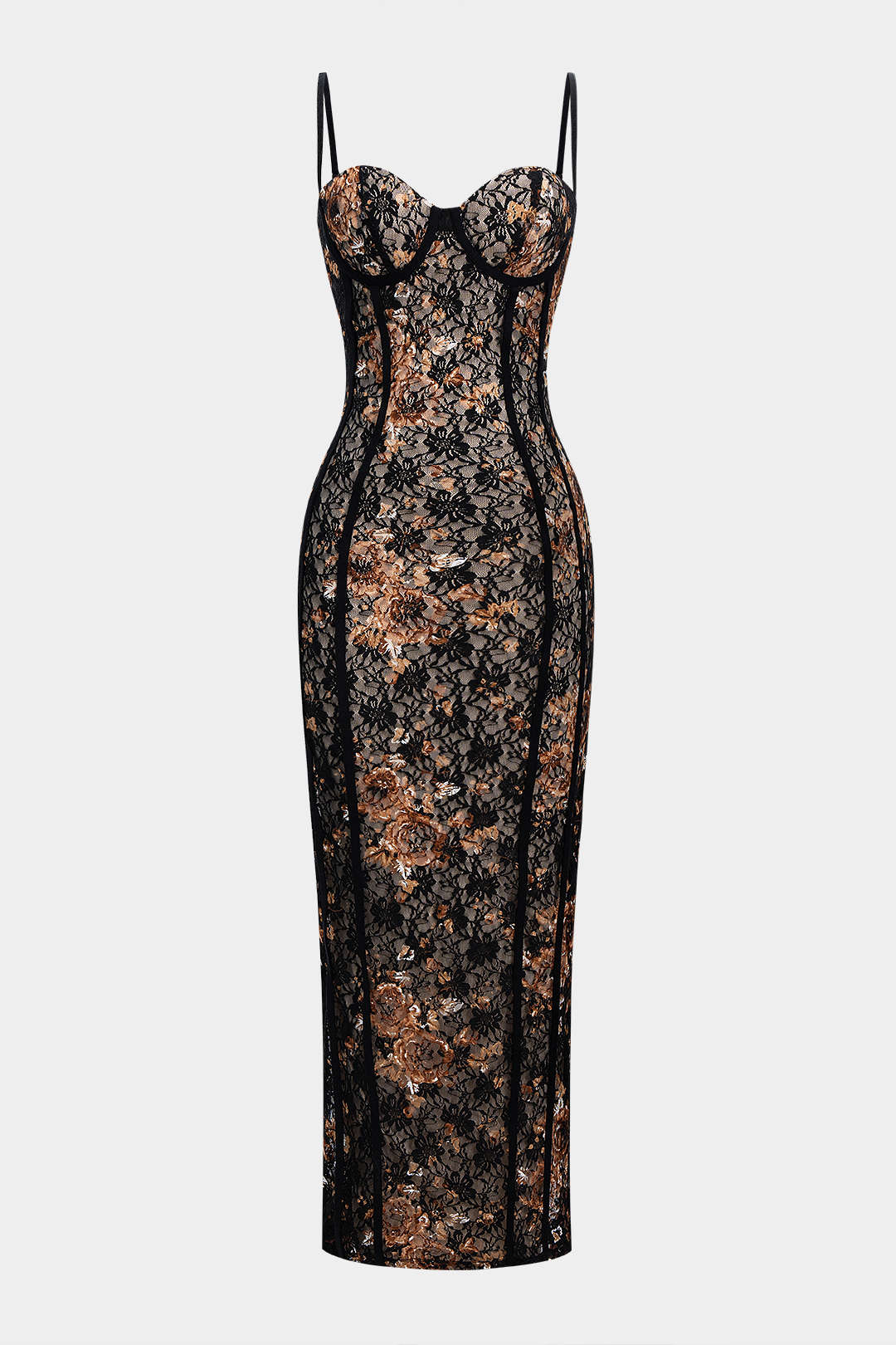 Robe longue sans manches à imprimé floral, dentelle et bonnets à armatures