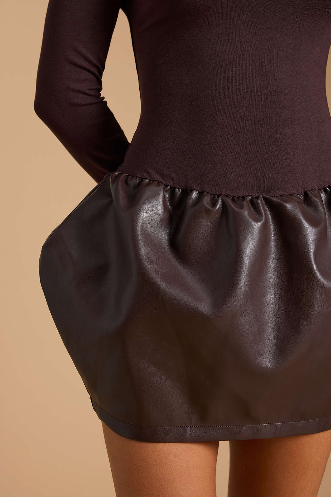Faux Leather Round Neck Patchwork Ruched Long Sleeve Mini Dress