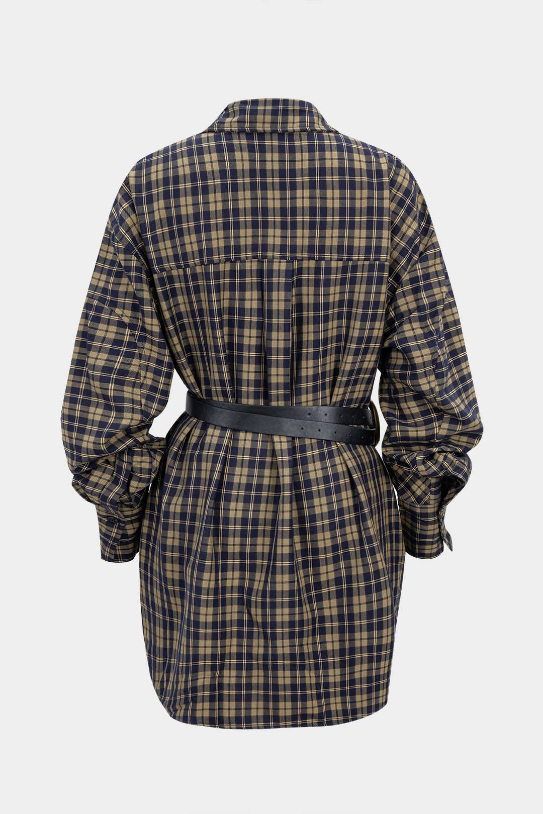 Plaid Print Belted Long-Sleeve Mini Dress