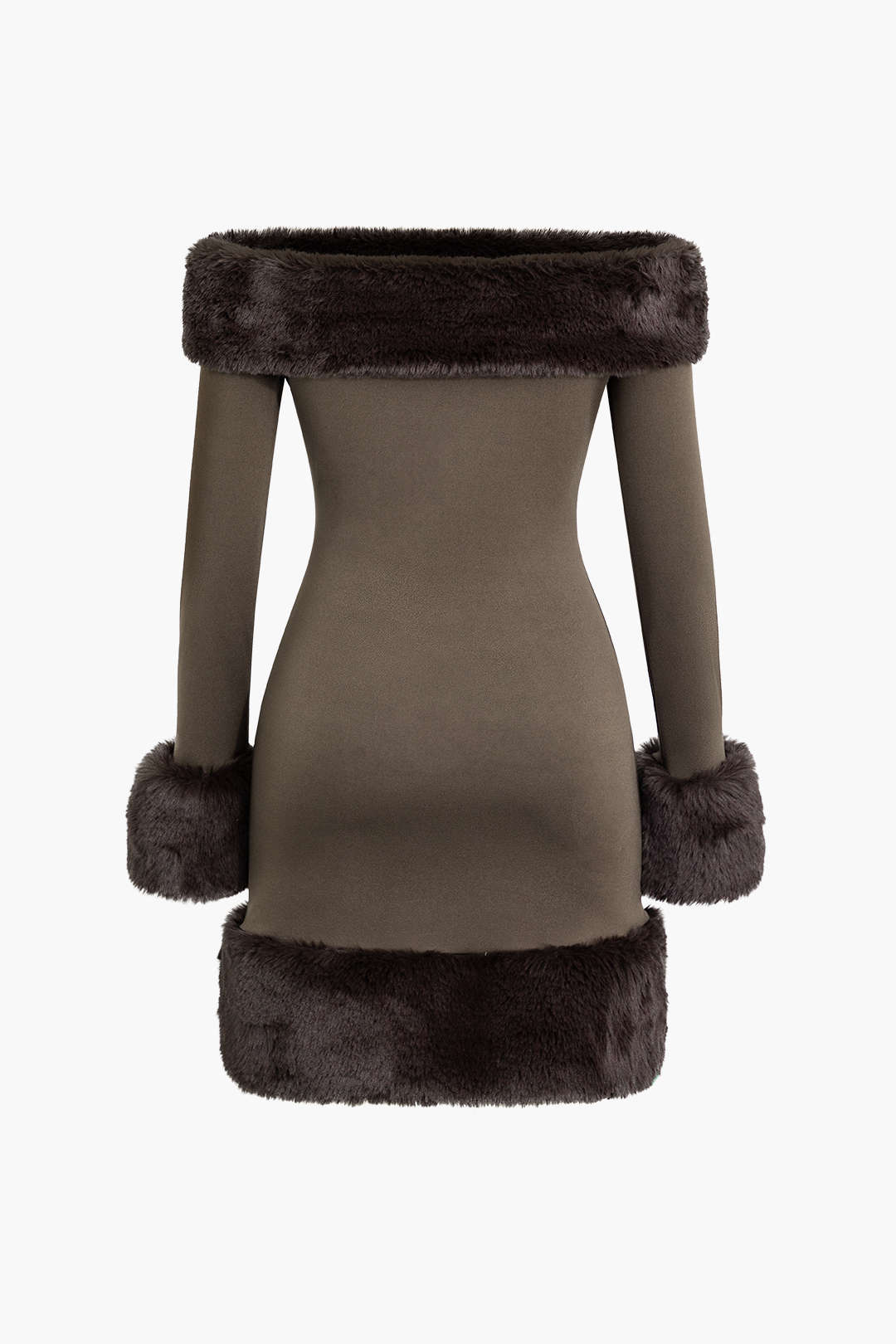 Mini-robe épaules dénudées avec bordure en fausse fourrure