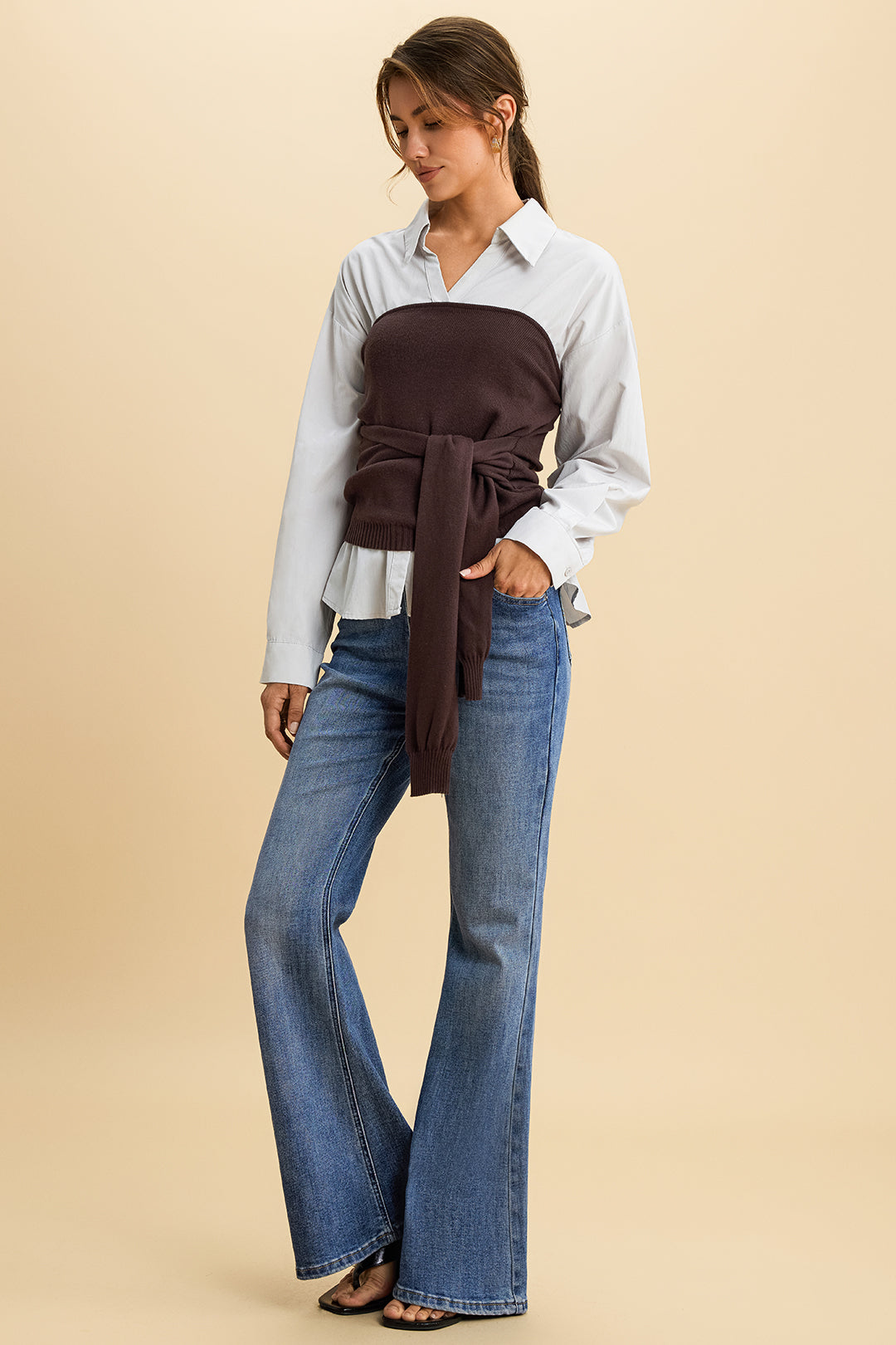 Solid Patchwork Knit Tie-Front Long-Sleeve Shirt