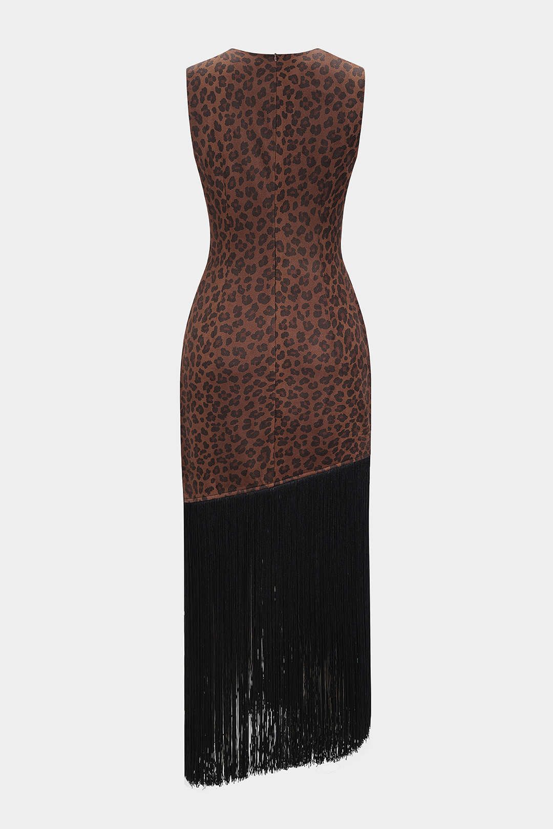 Maxikleid aus Veloursleder mit Leopardenmuster, Rundhalsausschnitt, Fransen und asymmetrischem Saum