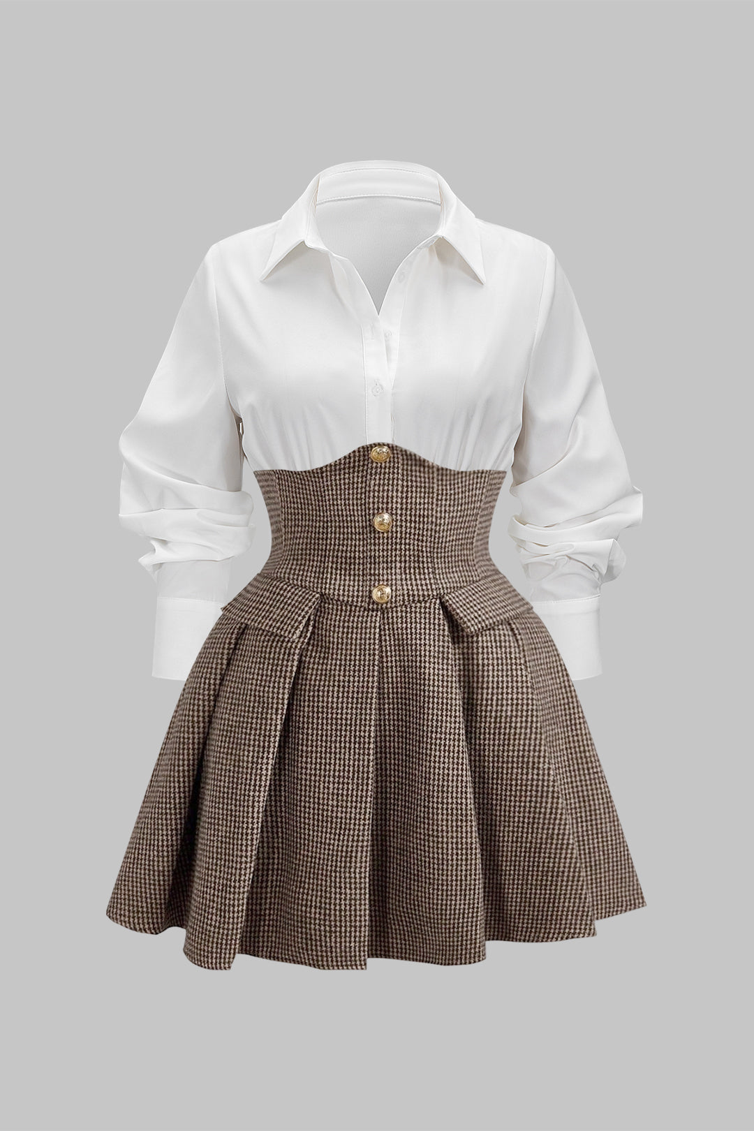 Hahnentritt-Patchwork-Falten-Minikleid mit hohem Bund und langen Ärmeln