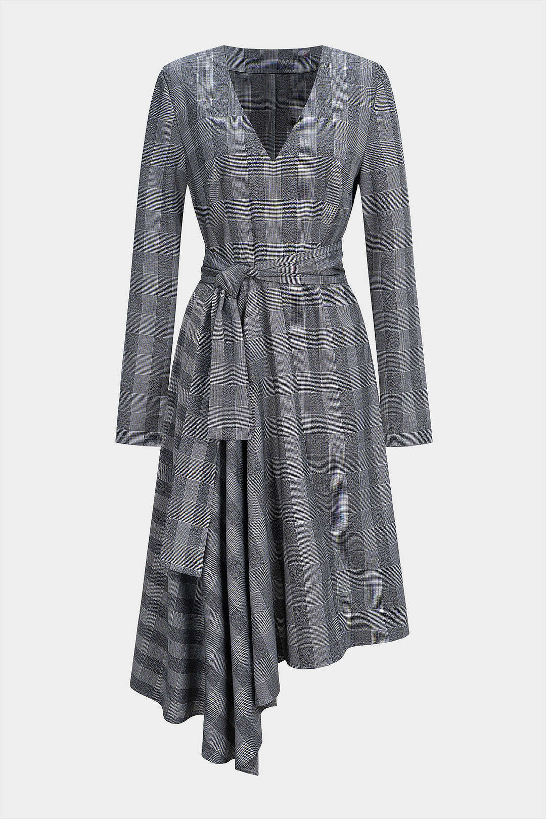 Kariertes Midi-Kleid mit V-Ausschnitt, Knoten, Raffungen, asymmetrischem Saum und langen Ärmeln