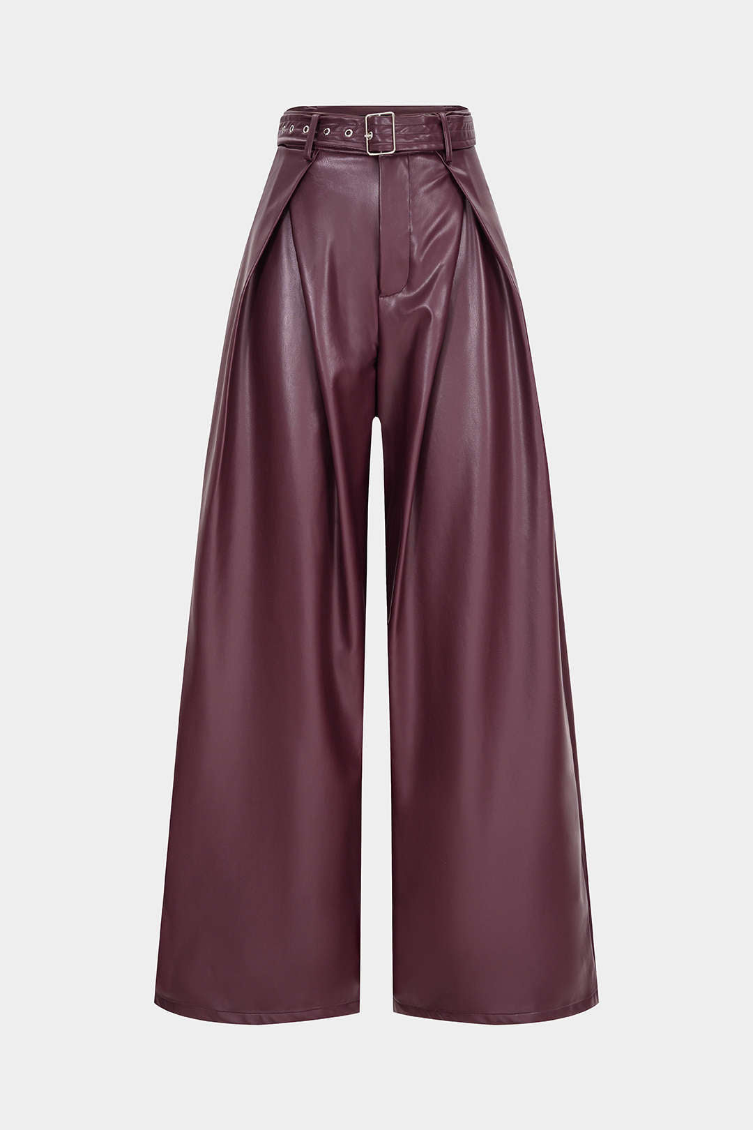 Faux Leather Belted Ruched Wide Leg Pants