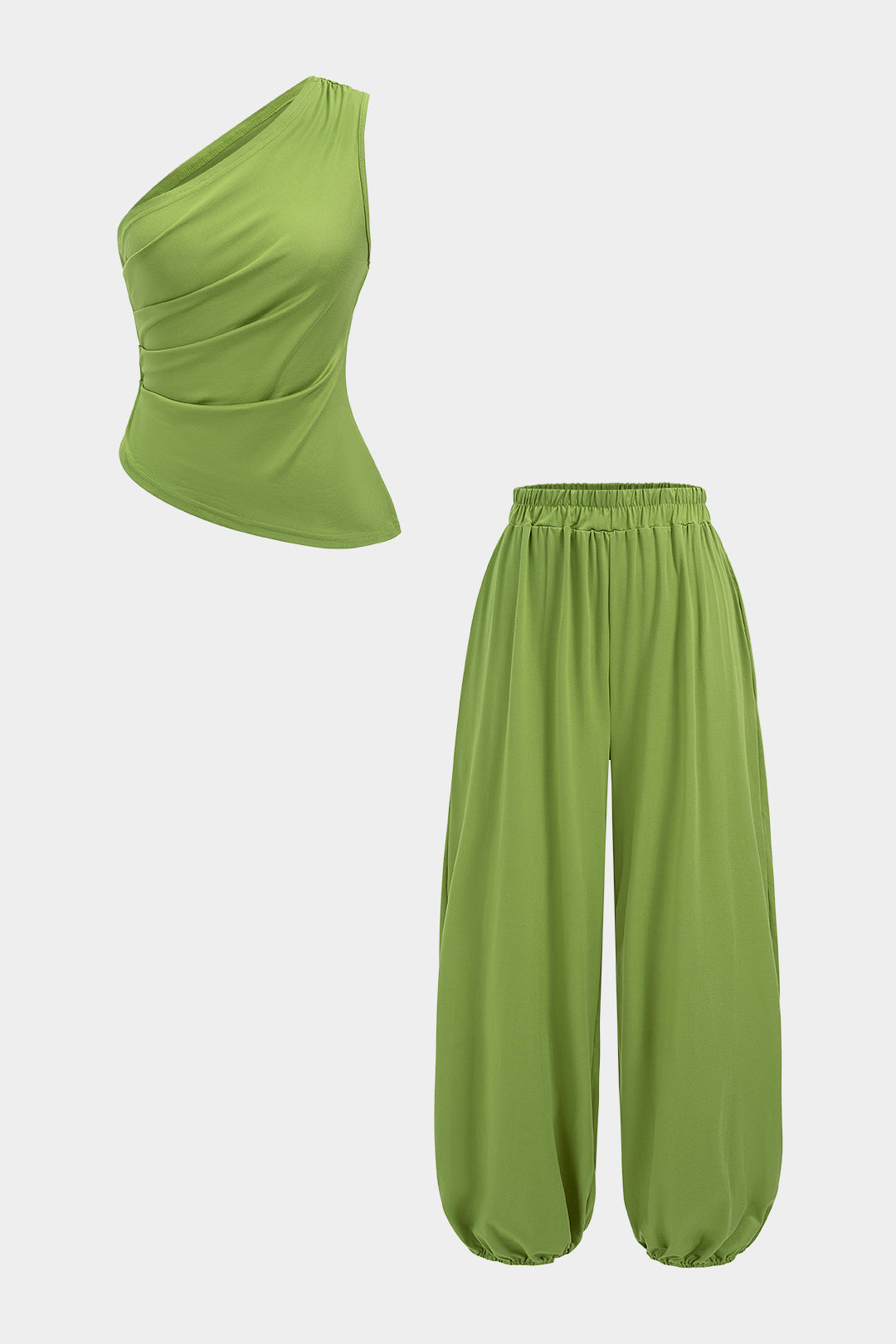 Einfarbiger, geraffter One-Shoulder-Tanktop und Hose mit weitem Bein und hoher Taille Set
