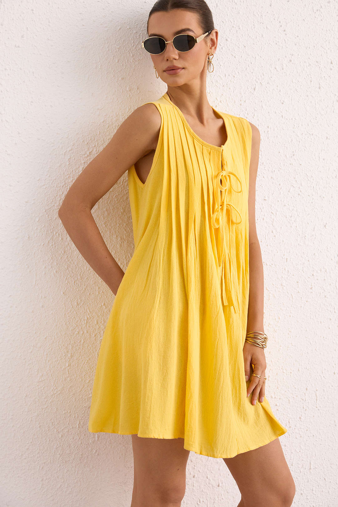 Round Neck Tie-Up Sleeveless Mini Dress